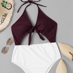 Two tone cut out knot halter one piece swimsuit